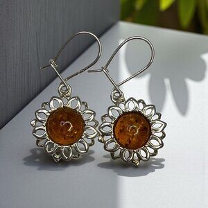 Amber & Sterling Silver Sunflower Drop Earrings